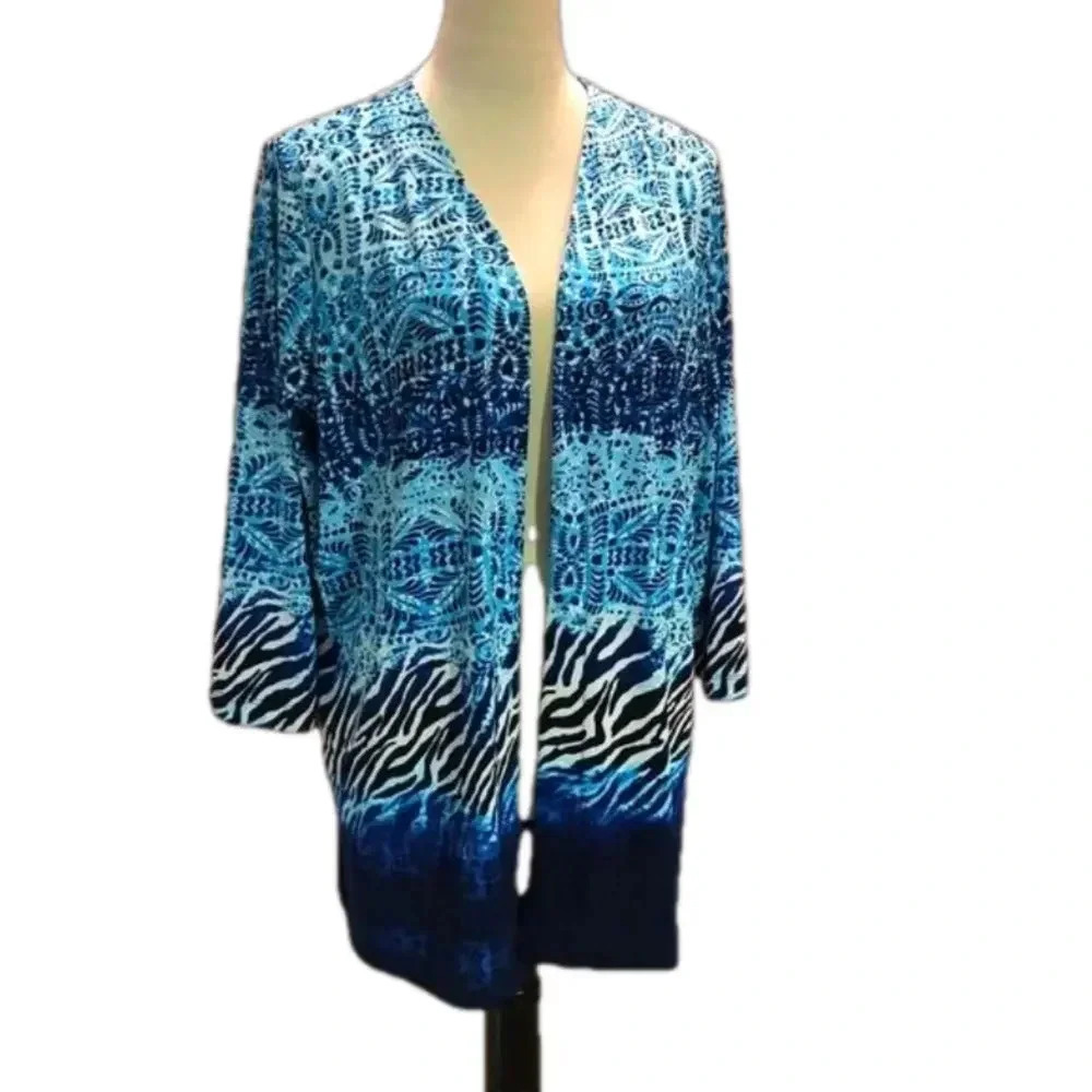 Chico's 2 (L/12) EASYWEAR Open Cardigan Geometric Gradient Blues w/ Animal Print